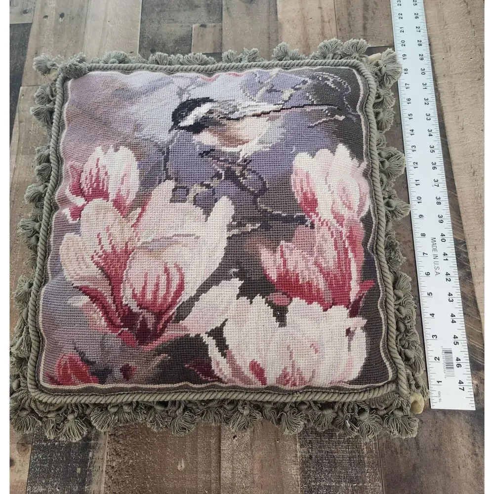 Vintage Chickadee Bird Magnolia Flowers Needlepoint Fringe Throw Pillow